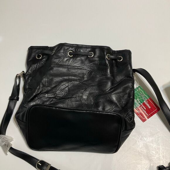 Maxam Lambskin Patchwork Mosaic Drawstring Bag, Black NWT Vintage - Picture 4 of 16